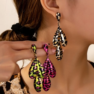 Women Vintage Leopard Print Teardrop Earrings Alloy Three Layered Leaf Dangle Earrings Fashion Sexy Jewelry For Party Club
