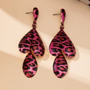 Detailed view of layered hot pink leopard print teardrop metal earrings for women