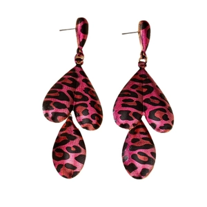 Fashionable hot pink leopard print teardrop layered earrings for women