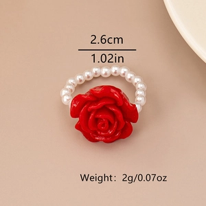 Detail view of red rose pearl ring showing 2.6cm diameter and 2g lightweight specs