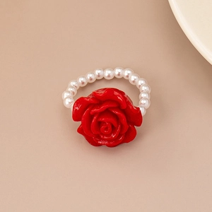Elegant red rose pearl ring featuring vibrant resin petals and high-gloss white pearls