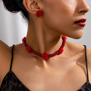 Elegante Rote Rosen Kunstperlen Halskette Ohrringe Schmuck Für Damen Vintage Romantisch Blumen Accessoires Für Party Hochzeit