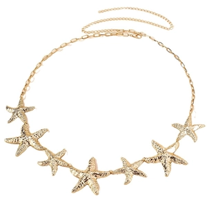 Gold starfish metal waist chain for beach wear with hammer-textured ocean pendants