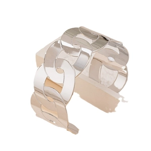 Minimalist silver wide cuff bracelet with polished link chain design for women