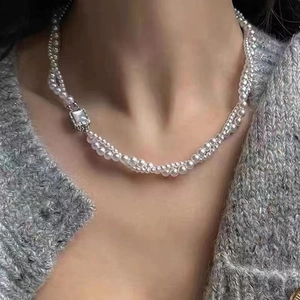 French vintage double-layered pearl necklace with micro-pave geometric square pearl clasp