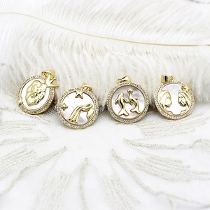 Gold Plated Copper Zodiac Pendants Round Twelve Constellation Charms With White Shell Inlay Rhinestone For DIY Jewelry Making