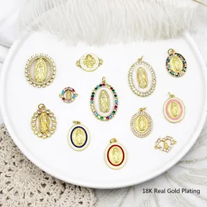 Vintage Religiöse Jungfrau Maria Porträt Oval Herz Anhänger Für Schmuckherstellung DIY Kupfer 18K Gold Emaille Strass Charms Zubehör