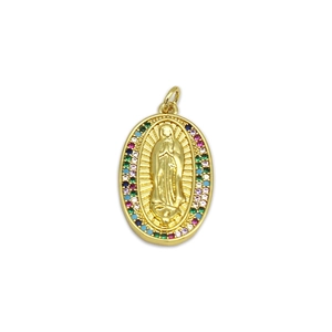 Pendentif Vierge Marie ovale plaqué or 18 carats avec zircons multicolores