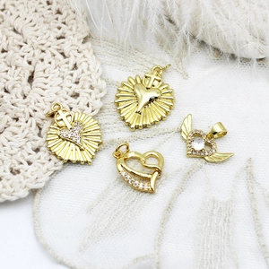 18K Gold Plated Copper Heart Pendant With Rhinestone Enamel Shell Religious Cross Bear Angel Wings For DIY Jewelry Making
