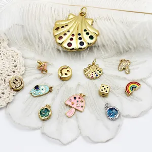 Dijes Colgantes de Cobre Esmalte Circonia Chapado en Oro 18K Sonrisa Arcoíris Seta Concha Suministros para Fabricación de Joyas DIY Collar Pulsera