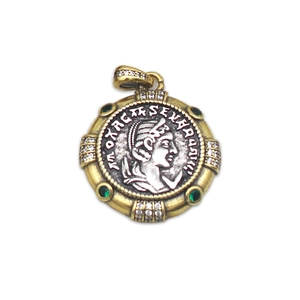 Vintage Greek coin pendant with silver goddess relief and green gemstone accents