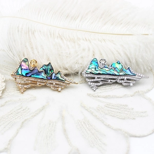 Exquisite 18K gold plated landscape brooch with abalone shell inlay and white zircons