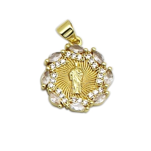 18k gold plated Virgin Mary pendant with micro-pave cubic zirconia and radiant sunray detail