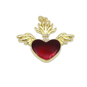 Golden 18K plated heart pendant with red enamel, crown flame detail and small crystals