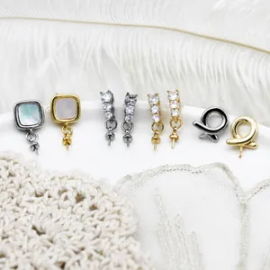 18K Gold Plated Copper Earring Post DIY Jewelry Making Accessories With Cubic Zirconia White Shell Geometric Findings