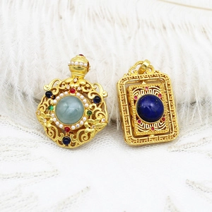 Traditional gold plated hollow round and square pendants with emerald and lapis stones