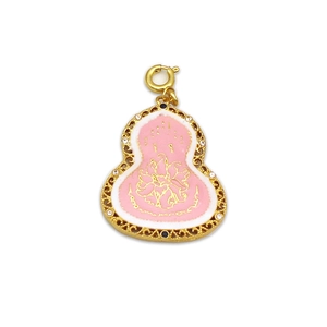 Gourd-shaped enamel pendant with pink floral patterns and sparkling rhinestones