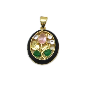 Ciondolo quadrifoglio con pietra rosa a goccia e foglie verdi in finitura oro