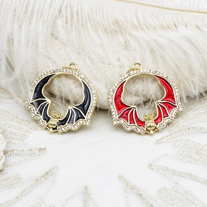Gold micro-paved bat charms with black and red enamel inlay for DIY jewelry making