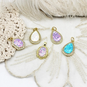Exquisite 18K gold-plated opal pendants in teardrop and hexagon shapes with zircon pavé