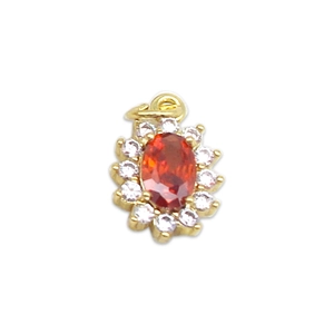 Elegant gold oval pendant with large red gemstone and halo of white cubic zirconia stones