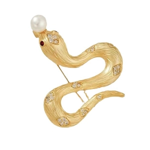 Élégante broche serpent dorée avec perle et zircons au style vintage chinois raffiné