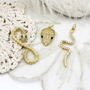18K gold plated snake charms with white cubic zirconia and green eyes for jewelry DIY
