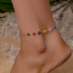 Damen Buntes Emaille Vierblättriges Kleeblatt Hohl Legierung Fußkettchen Sommer Strand Urlaub Verstellbare Fußkette Modeschmuck