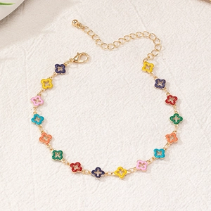 Bunte Kleeblatt-Fußkette mit Goldkette und mehrfarbigen Emaille-Blumenanhängern