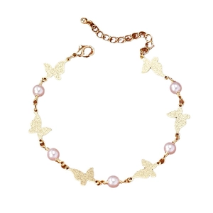 Goldenes Schmetterlings- und rosa Perlenfußkettchen mit verstellbarer Kette