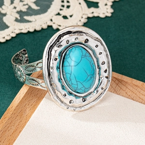 Vintage boho open armband met turquoise steen en zilveren gravering
