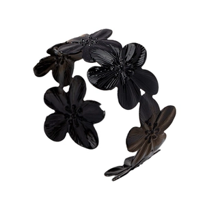 Elegant glossy black floral open cuff bracelet featuring multi-petal flower design for women
