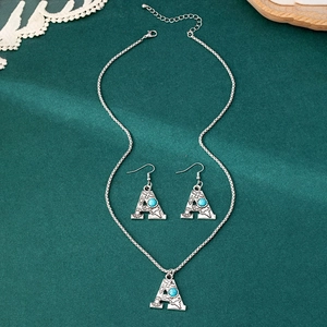 Bohemian style letter A necklace and earrings set with turquoise and floral engraving