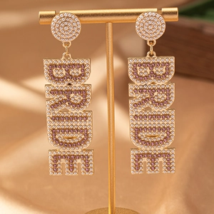 Elegante goldene BRIDE-Ohrhänger mit weißen Perlen und rosa Strasssteinen für Hochzeiten