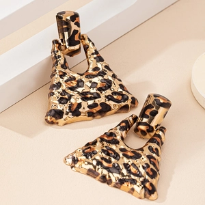 Golden geometric triangle earrings with leopard print and textured metallic finish