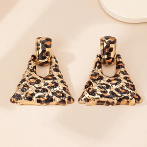 Exaggerated leopard print geometric earrings in gold metal finish for trendy women party