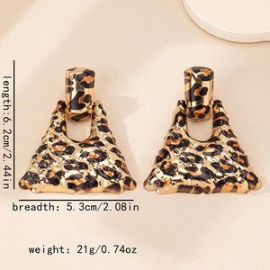 Detail view of large leopard print earrings with size dimensions 6.2cm by 5.3cm