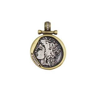 Vintage gold coin pendant with Greek goddess portrait and white zircon accents