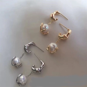 Minimalist 18K gold plated irregular baroque pearl drop earrings in gold and silver finish