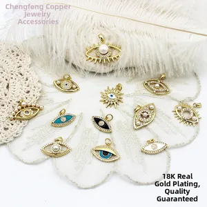 18K Real Gold Plated Copper Evil Eye Pendants Micro Paved Zirconia Faux Artificial Pearl Sun Charms For DIY Necklace Jewelry Making