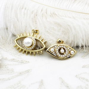 Golden evil eye pendants with micro-pave zircons and pearls for DIY jewelry making