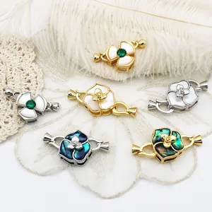 18K Gold Plated Copper Camellia Flower Connector Clasp Abalone Shell Mother Of Artificial Pearl Zirconia DIY Jewelry Accessories For Necklace