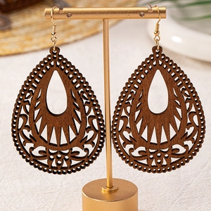 Boho Vintage Holz Ohrhänger Wassertropfen Hohl Blatt Lasergeschnitten Gold Legierung Haken Damen Ethno Schmuck