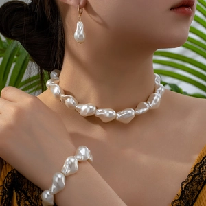Baroque Irregular Artificial Pearl Jewelry Set For Women Alloy Gold Necklace Bracelet And Earrings Elegant Vintage Wedding Jewelry