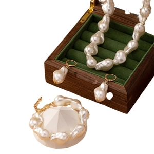 Baroque pearl jewelry set with necklace bracelet and earrings in gold-tone finish