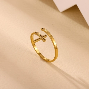 Minimalist 18K gold plated stainless steel open ring featuring a polished cross charm