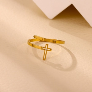 Polished 18K gold plated cross open ring for women with minimalist vintage design