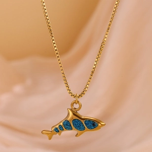 Golden shark pendant necklace with blue enamel on box chain for ocean style