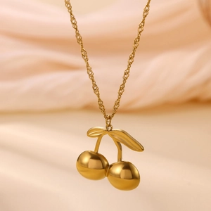 Elegant 18k gold plated stainless steel cherry pendant necklace with twisted rope chain link