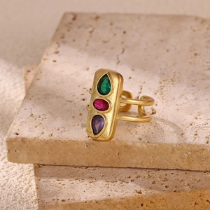 Vintage 18K gold-plated open ring with green, red, and purple teardrop zircon stones